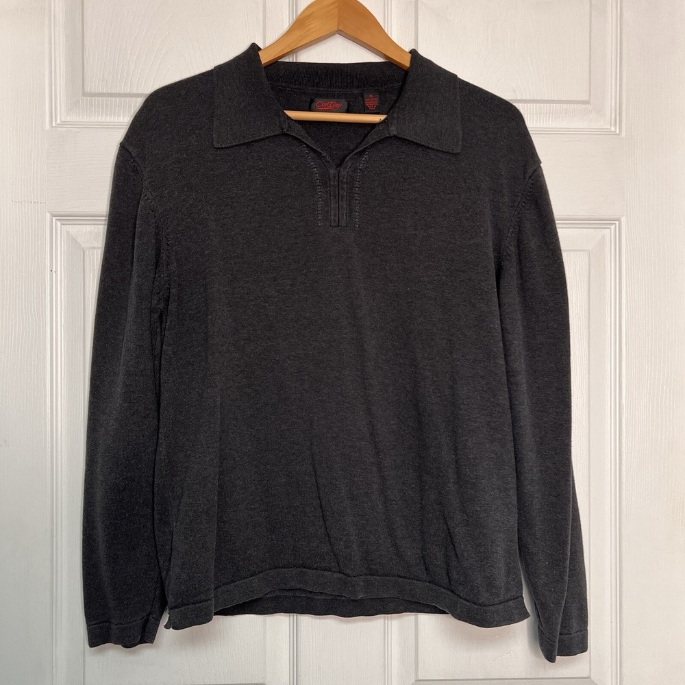 Contigo Mens XL Long Sleeve 100% Cotton Dark Grey Polo Shirt Classic Grandpacore